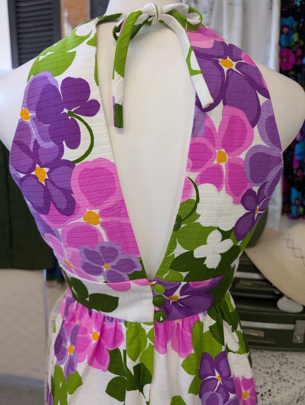 Vintage Dress Malia Of Honolulu Bright Floral Halter Sundress  Pink, Purple 1970 - Picture 3 of 9